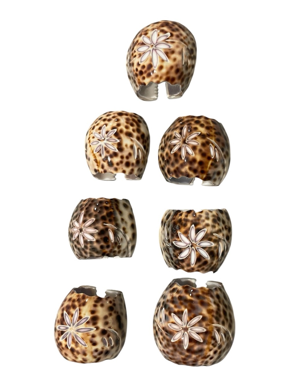 Carved Cowrie Shell Napkin Rings Set of 7 Coastal Decor
